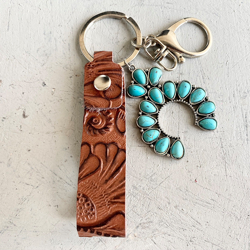 Wholesale 2pcs Vintage Embossed Cowhide Western Style Turquoise Pumpkin Flower Textured Cowhide Keychains